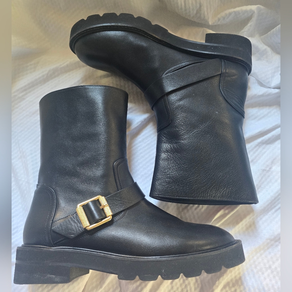 Stuart Weitzman NEW Black Combat Boots with Gold Buckle - Picture 4 of 14